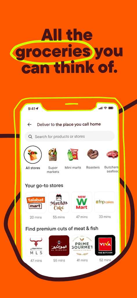 talabat: Food, grocery & more - Mobile phone screen showing the Talabat app grocery shopping interface with categories like supermarkets and butchers