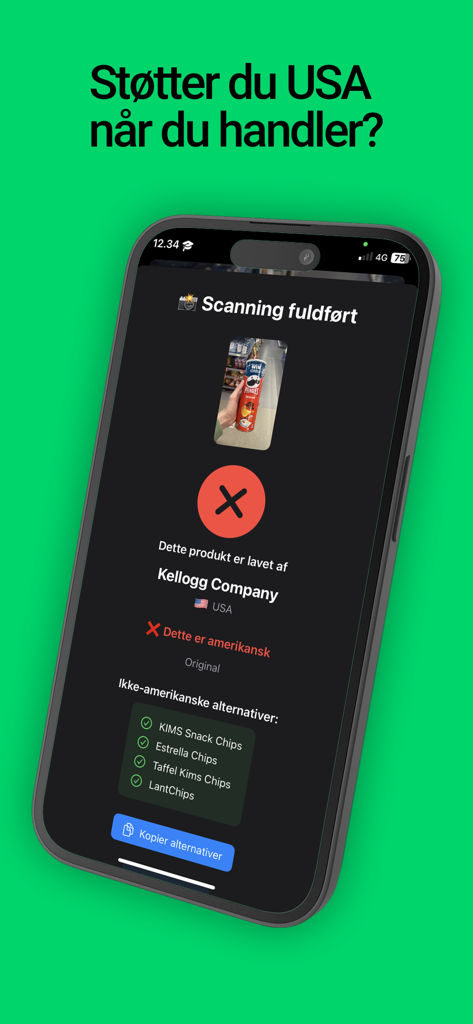 UdenUSA App-Bildschirm, der ein amerikanisches Produkt-Scan-Ergebnis und lokale dänische Alternativen anzeigt