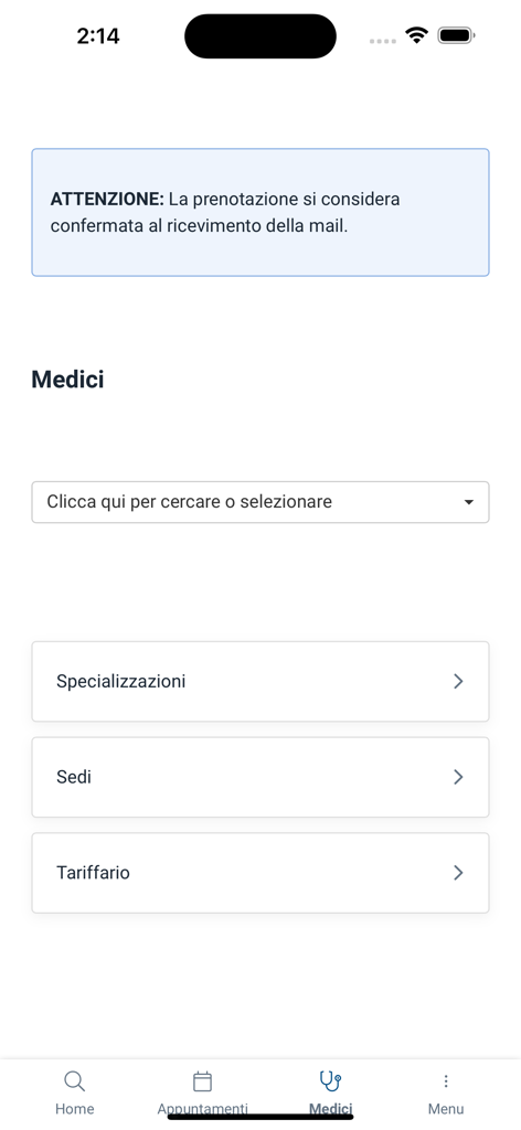 A interface de pesquisa de médicos no aplicativo MyMaterDei com opções de especialidades, locais e preços.