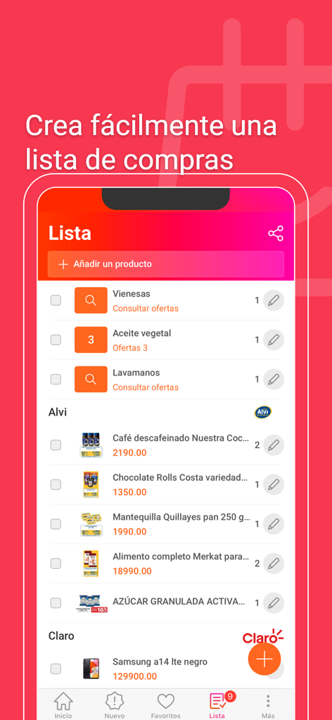Catálogos y ofertas de Chile - Interfaz de la aplicación móvil de Catálogos y ofertas de Chile mostrando una lista de compras digital con productos y precios de varios minoristas.