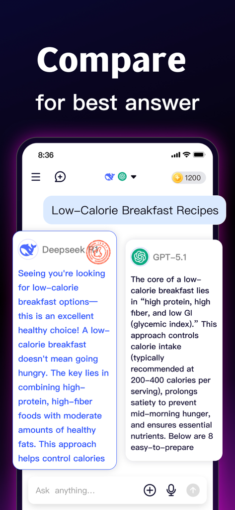 Chatbot AI Assistant - Modlib - A mobile app screen showing a side-by-side comparison of Deepseek and GPT-5.1 AI model responses for low-calorie breakfast recipes.