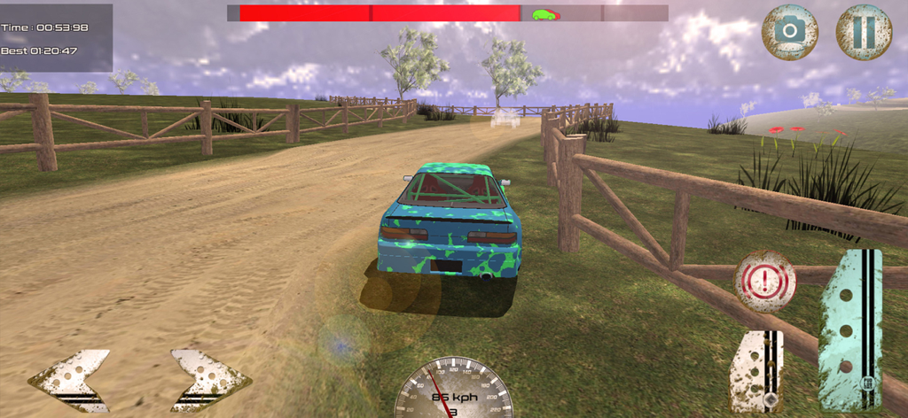 Dirt Rally Drive Simulator - A blue and green rally car racing on a dirt track with on-screen steering and speed controls in Dirt Rally Drive Simulator.