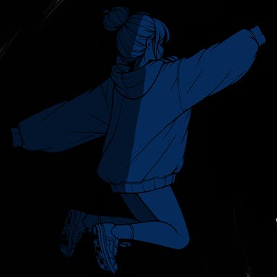 realistic girl jumping with a bun and oversized sweatshirt