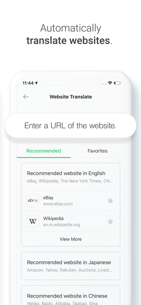 A mobile app screen showing the Papago website translation feature with a URL entry field and recommended site lists.