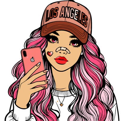 realistic beautiful girl wearing los ángeles cap holding an iphone
