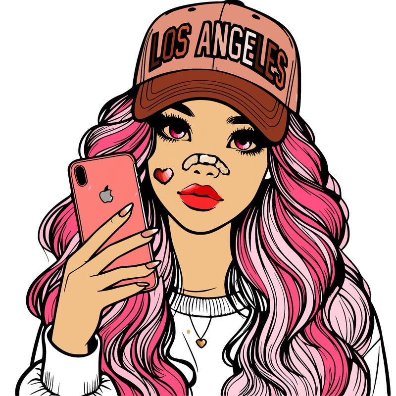 realistic beautiful girl wearing los ángeles cap holding an iphone