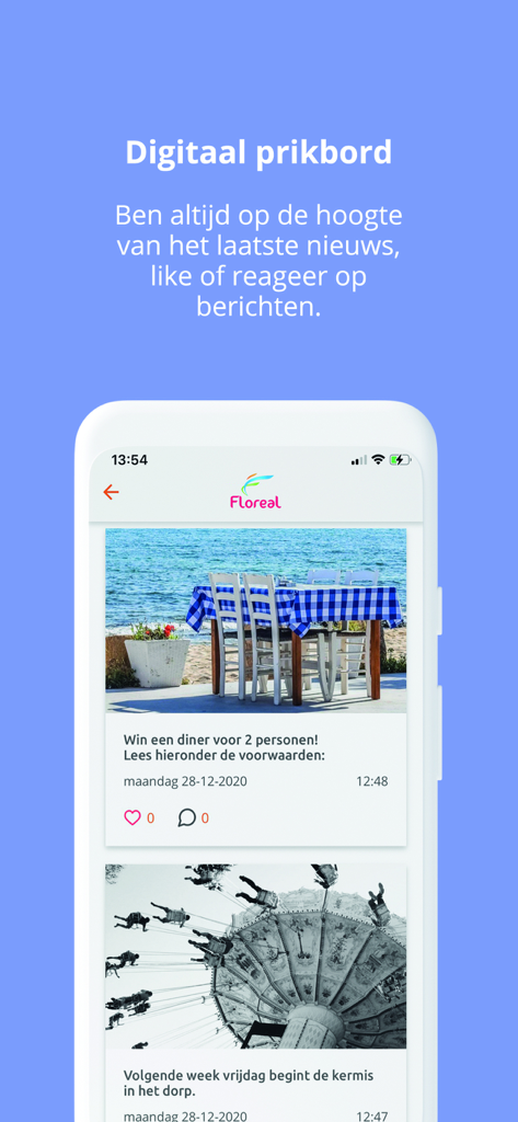 Captura de tela do quadro de avisos digitais do aplicativo Great Stay mostrando notícias locais e atualizações de férias