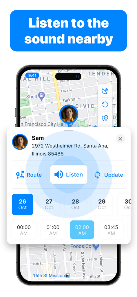 iTrack 앱 화면에 지도와 연락처 세부 정보 카드, 그리고 주변 소리를 들을 수 있는 주요 버튼이 표시됨