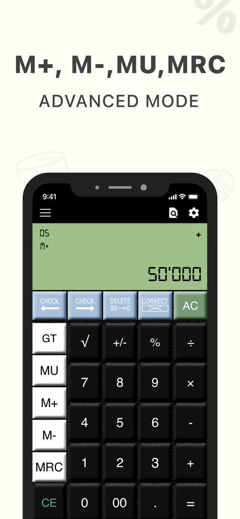 Citizen Calculator app interface displaying advanced mode with business functions and classic physical calculator layout