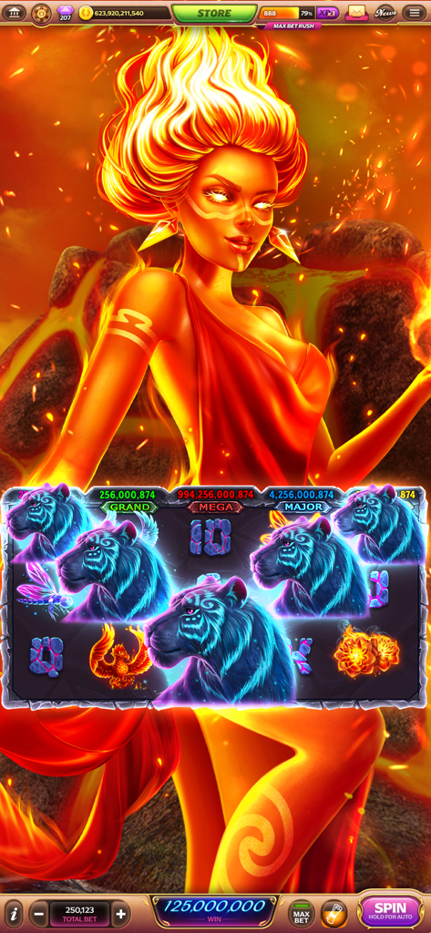 Caesars Slots - Casino Games - Tela do jogo mobile Caesars Slots apresentando um personagem de deusa flamejante e símbolos de tigre brilhantes nos rolos.