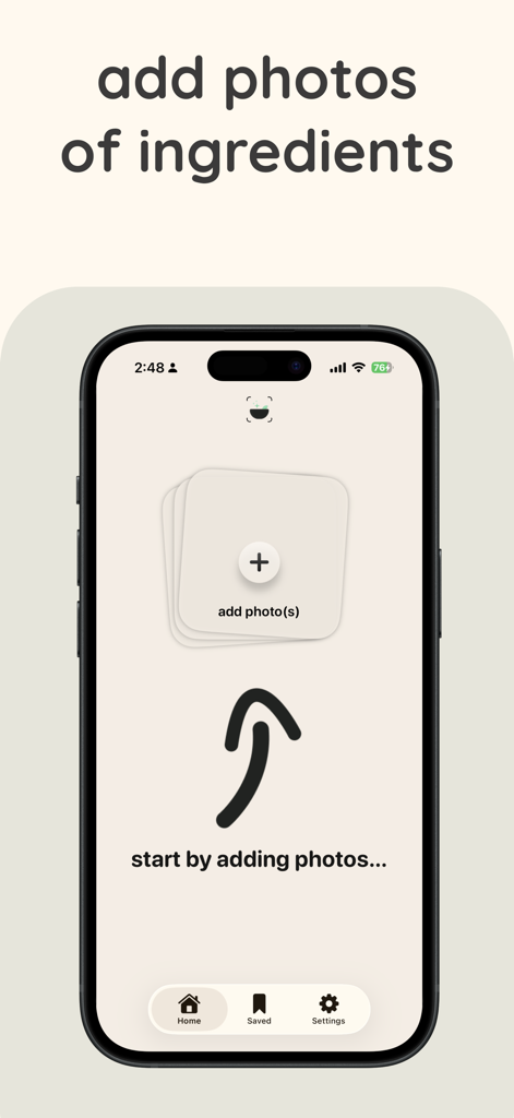 DishMe AI - DishMe AI app screen prompting users to add photos of ingredients to start cooking