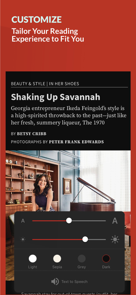Southern Living Magazine - A screen showing customizable reading settings in the Southern Living Magazine app including text size, brightness, and background themes.