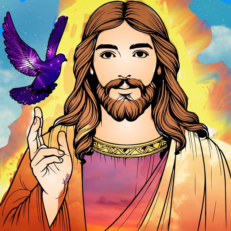 realistic jesus with a beautiful dove flying above him
