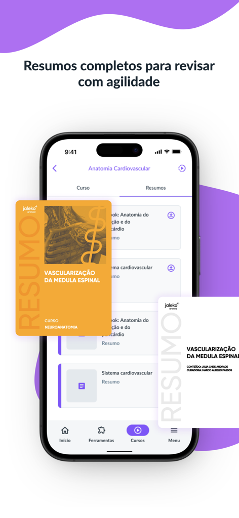 Jaleko - Curso de Medicina - Interface do aplicativo Jaleko mostrando uma lista de resumos de estudo médico para revisão rápida