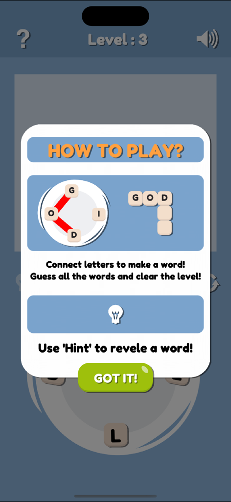 Una pantalla de tutorial Cómo Jugar para la aplicación Word Chef que explica cómo conectar letras para formar palabras y usar pistas.