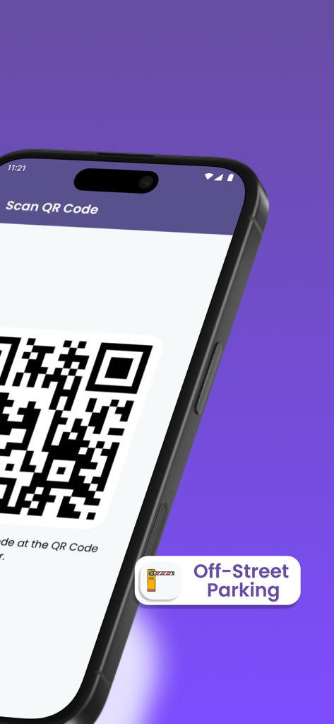 Smartphone mostrando la aplicación JomParking escaneando un código QR para estacionamiento fuera de la calle