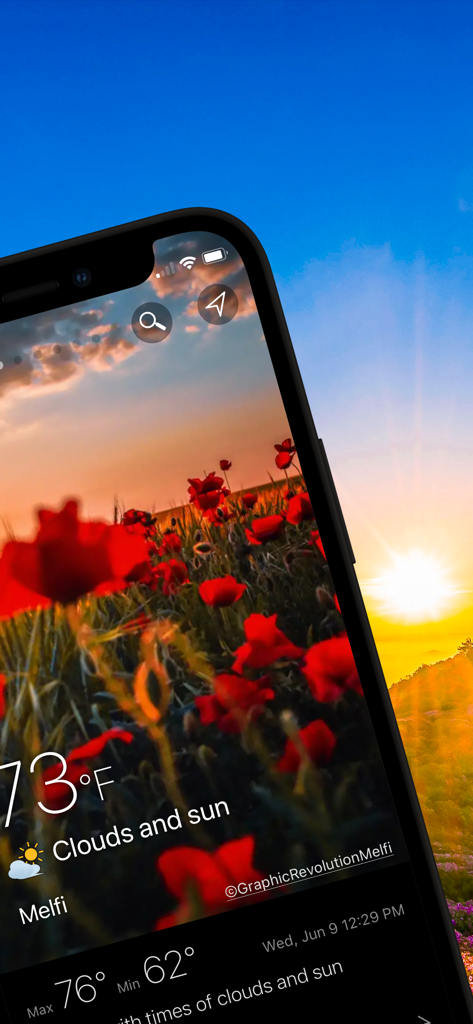 Smartphone displaying the Weawow weather app interface with a beautiful sunset photo of a poppy field as the background.