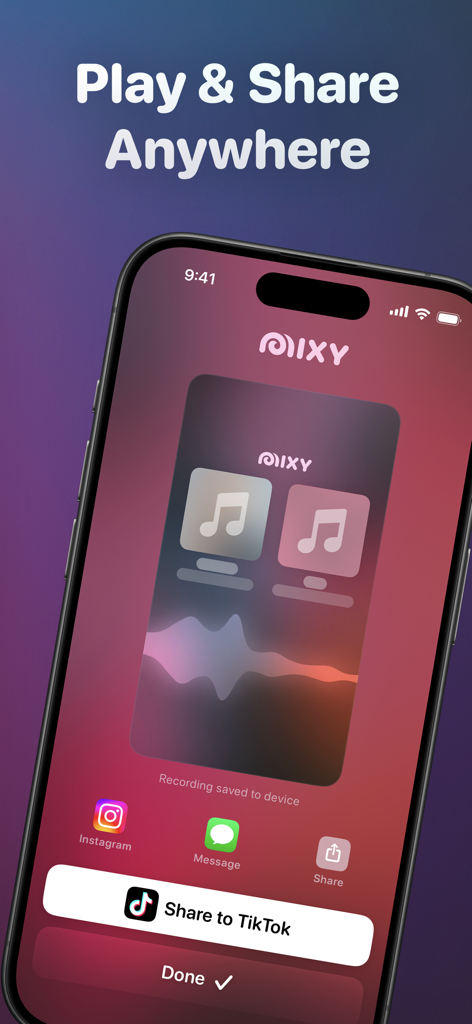 Mixy app interface showing options to share a completed music mashup to TikTok, Instagram, and Messages