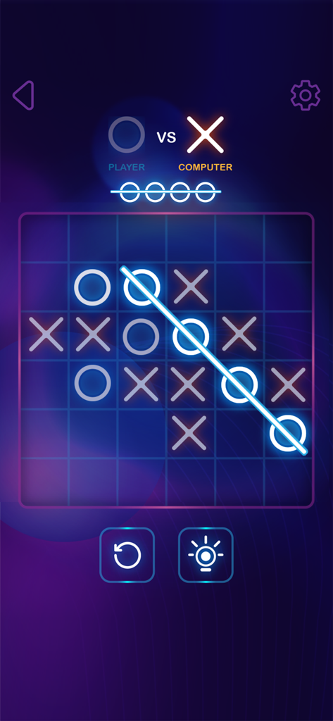 Tic Tac Toe 2 Player: XO Game - Neon Tic Tac Toe gameplay on a 6x6 grid showing a winning move against the computer
