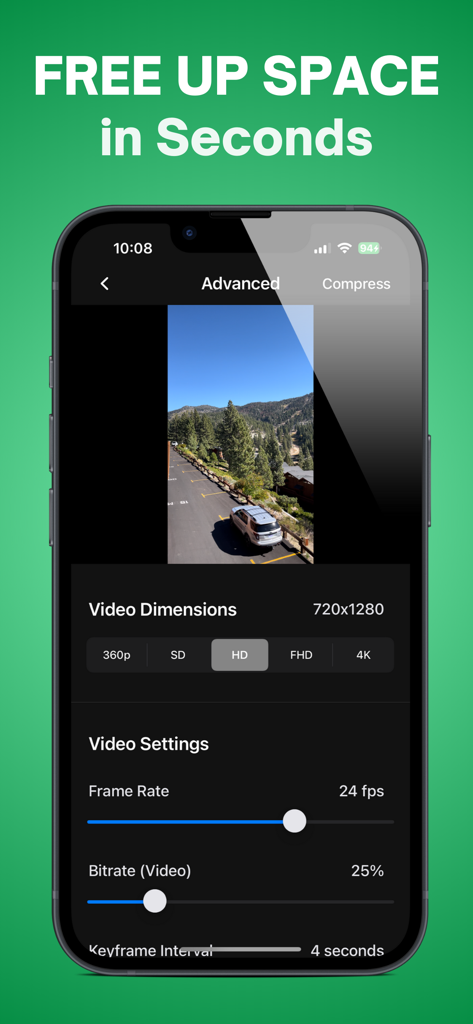 Compress Videos: Free Up Space - Captura de tela das configurações avançadas do aplicativo TinyVid mostrando controles de resolução, taxa de quadros e taxa de bits do vídeo para liberar espaço