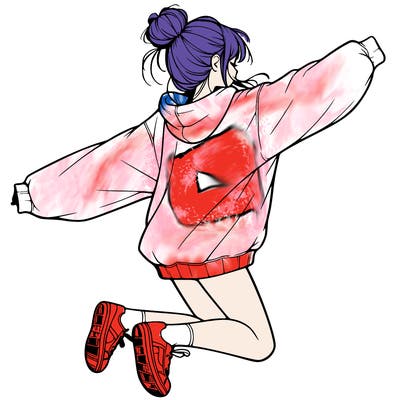 realistic girl jumping with a bun and oversized sweatshirt