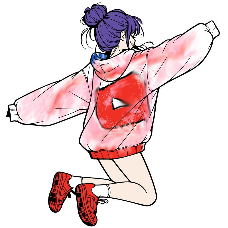 realistic girl jumping with a bun and oversized sweatshirt