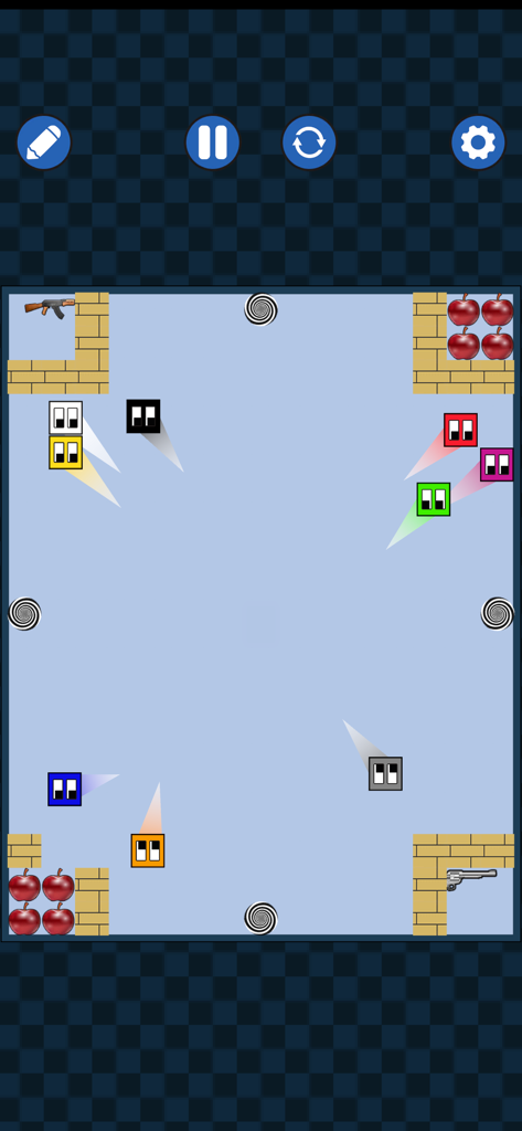 Square Race Simple - Gameplay screen of Square Race Simple featuring colorful square characters in an arena with obstacles and weapons