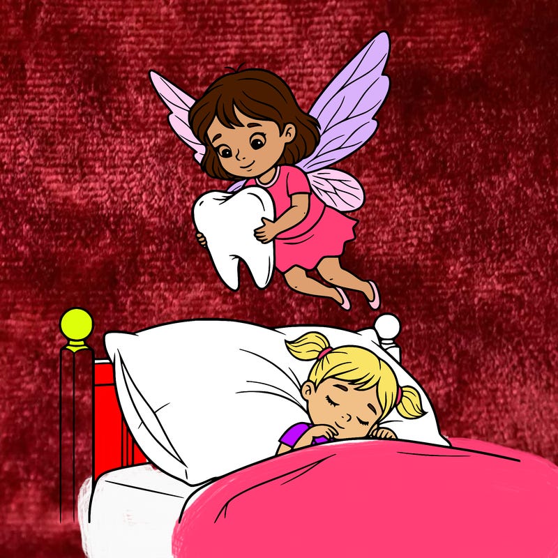tooth fairy holding tooth, near someone’s pillow, little girl sleeping,