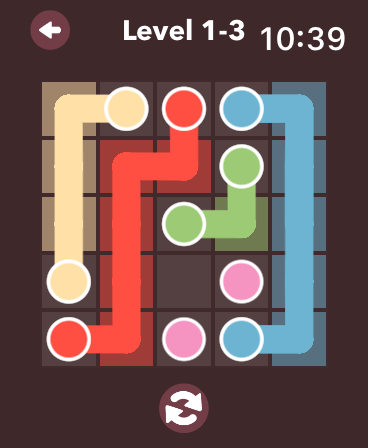 Color Flow - Watch Games - Color Flow puzzle game level on Apple Watch showing colored lines connecting dots on a grid