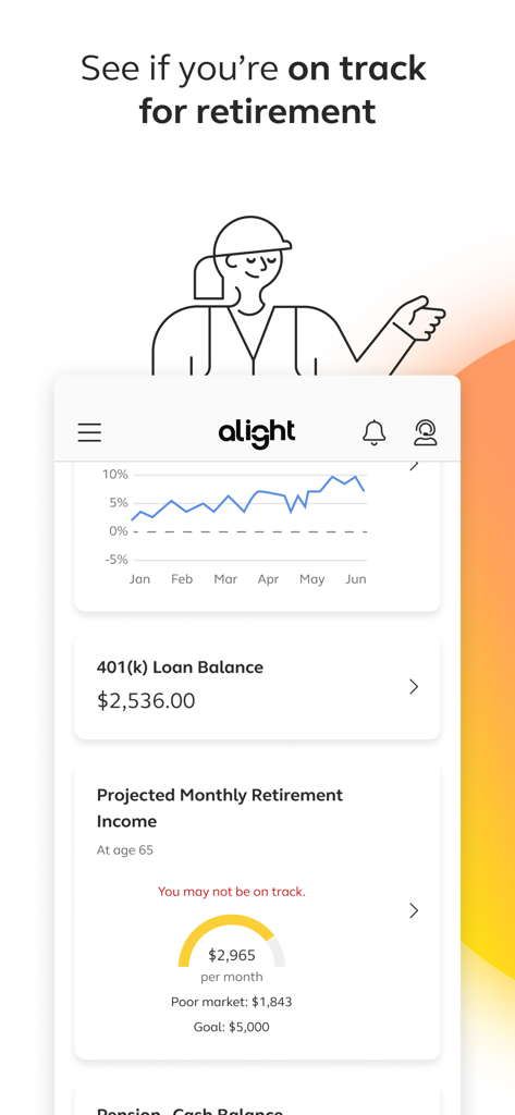 Retirement tracking screen in Alight Mobile app showing 401k balance and projected monthly income.