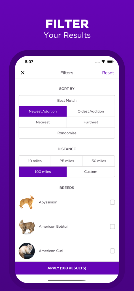 Tela de filtros do aplicativo Petfinder com opções para classificar por distância e raça do animal.