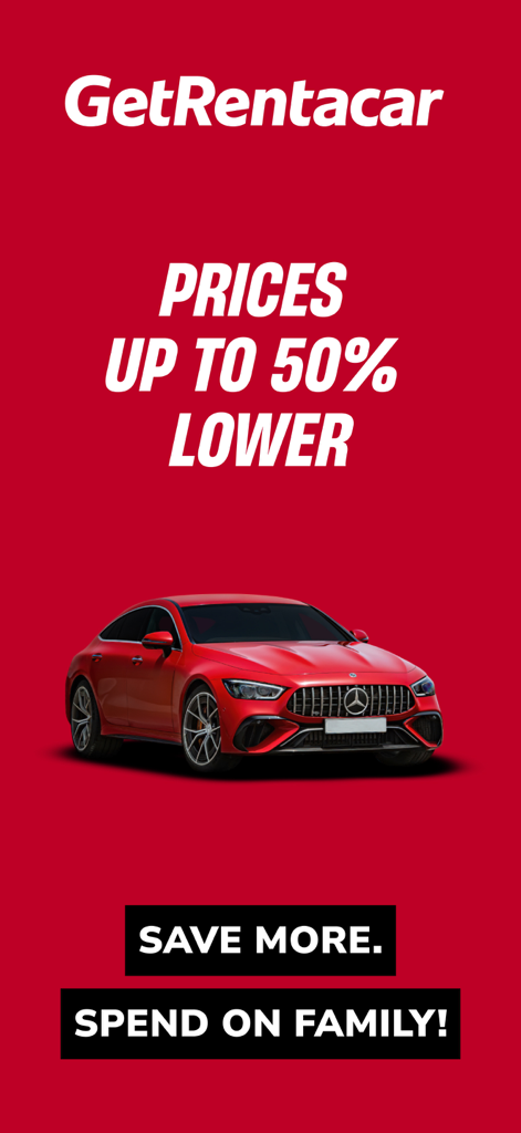 빨간색 럭셔리 자동차와 '가격 최대 50% 할인' 및 '가족을 위한 비용 절약'이라는 텍스트가 표시된 GetRentacar 앱 화면