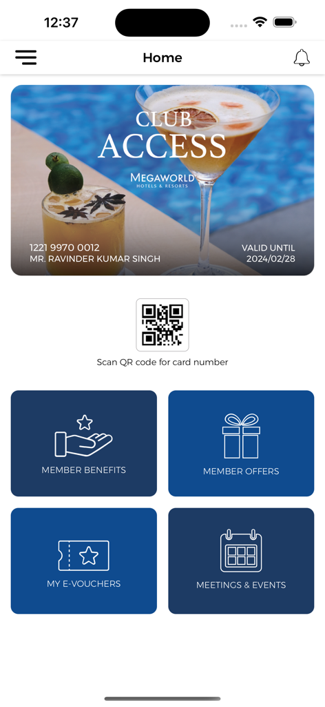 Club Access - Club Access mobile app home screen showing digital membership card and navigation for benefits and offers