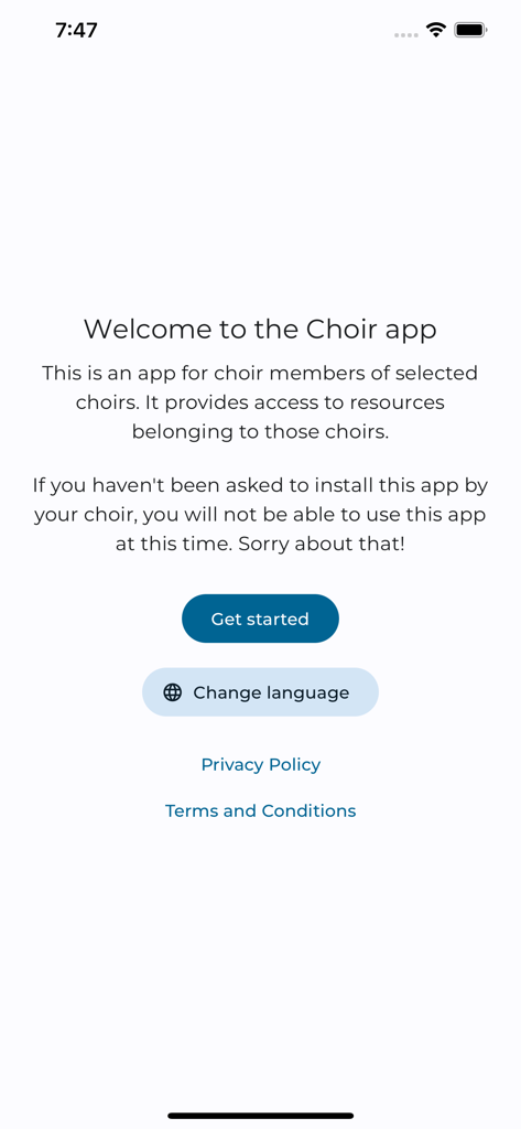 Welcome screen of the Choir practice app showing the get started button and choir member access information