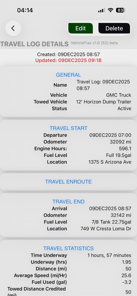 VehicleTrax - A travel log screen in VehicleTrax displaying trip details and towing statistics for a GMC truck.