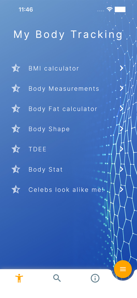 Abody.ai - Abody.ai mobile app screen displaying the My Body Tracking menu with options for BMI calculator, body measurements, and TDEE.