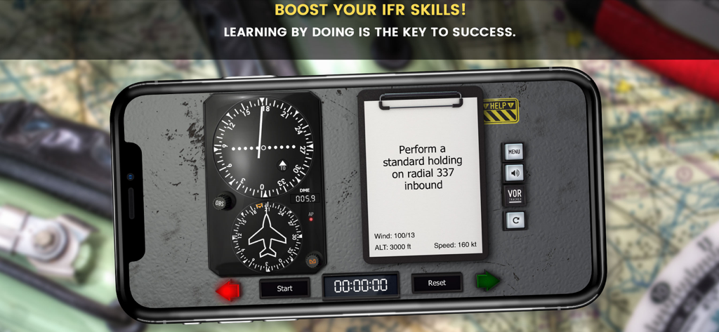 VOR Tracker - IFR Nav Trainer - VOR Tracker app interface showing flight navigation instruments and a holding pattern mission