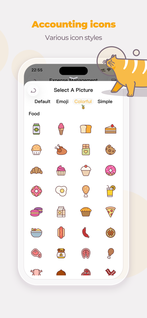 Una selección de íconos coloridos de alimentos para la categorización de gastos en la aplicación de contabilidad Money Cats.