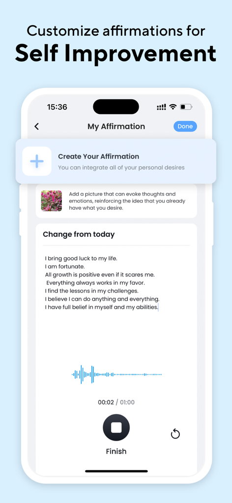 Subliminal: Manifest Goals - Interface do aplicativo móvel para criar e gravar afirmações positivas personalizadas para autodesenvolvimento