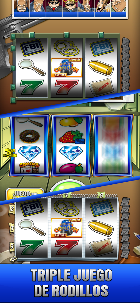 FBI Academy - Tragaperras Bar - FBI Academy mobile slot game interface showing triple reels with police and casino icons