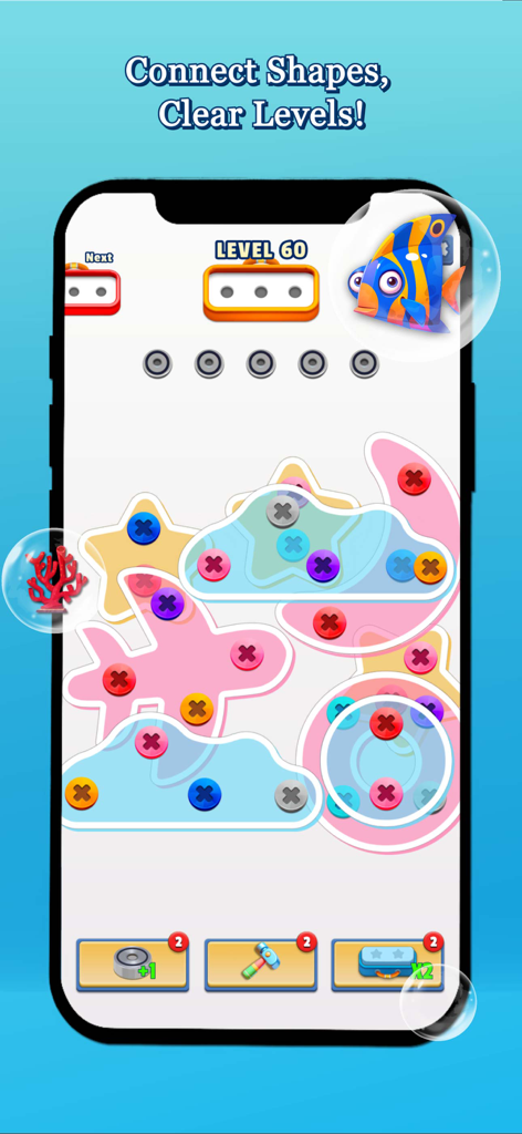 Screw Ocean: Match Revolution - Jugabilidad móvil de Screw Ocean mostrando formas coloridas y tornillos en el nivel 60