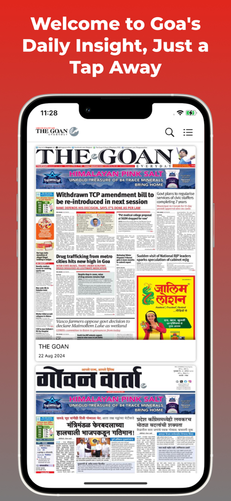 Smartphone screen displaying the Goan E-Paper app interface with digital editions of local newspapers in English and Marathi