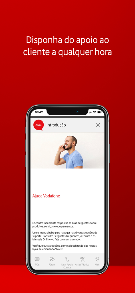 Interfaz de la aplicación My Vodafone Portugal que muestra la sección de soporte al cliente y ayuda con opciones para preguntas frecuentes y asistencia técnica.