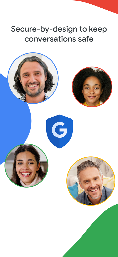 Google Meet app screen highlighting secure by design features to keep conversations safe
