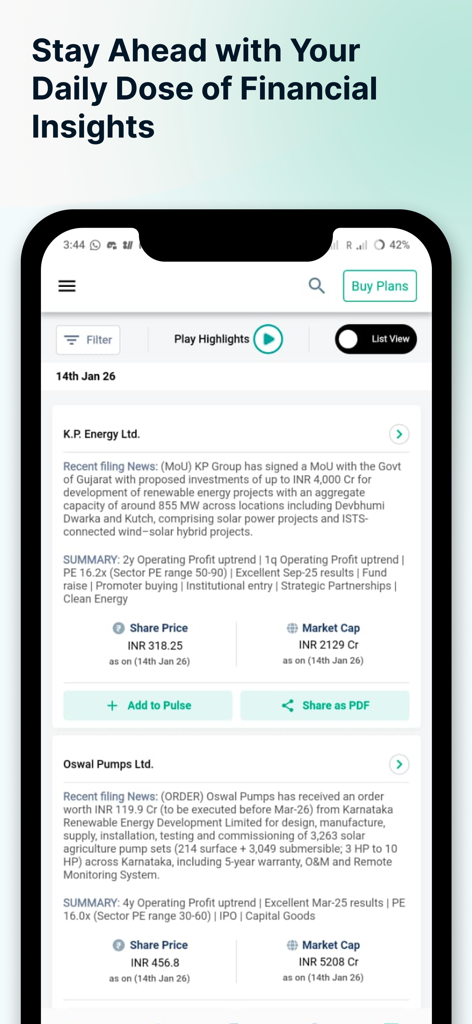 Sovrenn - Una interfaz de aplicación móvil que muestra perspectivas financieras curadas y resúmenes de noticias específicas de la empresa para un análisis estratégico de acciones