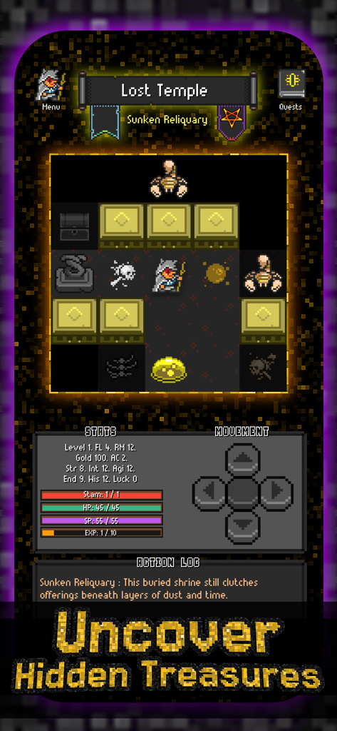 Adventure To Fate: Dungeons - Retro pixel art dungeon exploration in Adventure To Fate Dungeons featuring character stats and movement controls in portrait mode