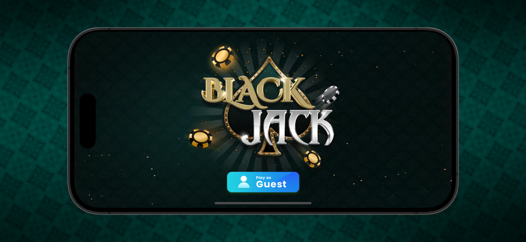 Blackjack 21 : Cards Game - Blackjack 21 Spiel-Startbildschirm auf einem Smartphone mit Schaltfläche 'Als Gast spielen' und Casino-Chips