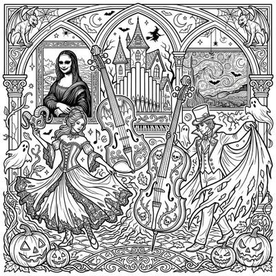 Dive into a uniquely eerie and artistic world with this Gothic Halloween coloring page, blending musical elegance with spooky charm. Discover dancing figures, haunted instruments, and iconic art twisted into a delightful Halloween masterpiece.