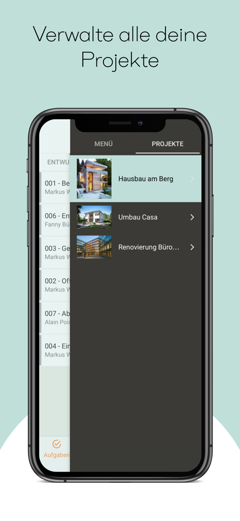 smino Mobile-App-Dashboard für das Bauprojektmanagement mit einer Liste von Bauprojekten auf einem iPhone-Bildschirm
