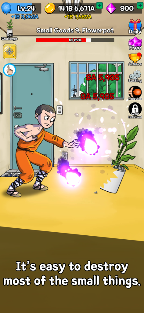 A character in an orange outfit shooting purple fireballs to destroy a flowerpot in The Legend of Fireball game.